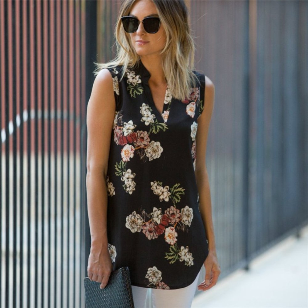 V Neck Shirt Chiffon Sleeveless Floral Blouse